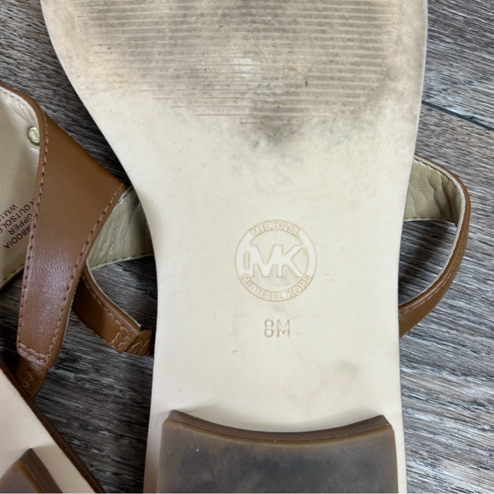 Michael Kors Womens 8 Congac Leather Gold MK Madellion Slip On Thong Sandals - Picture 8 of 11